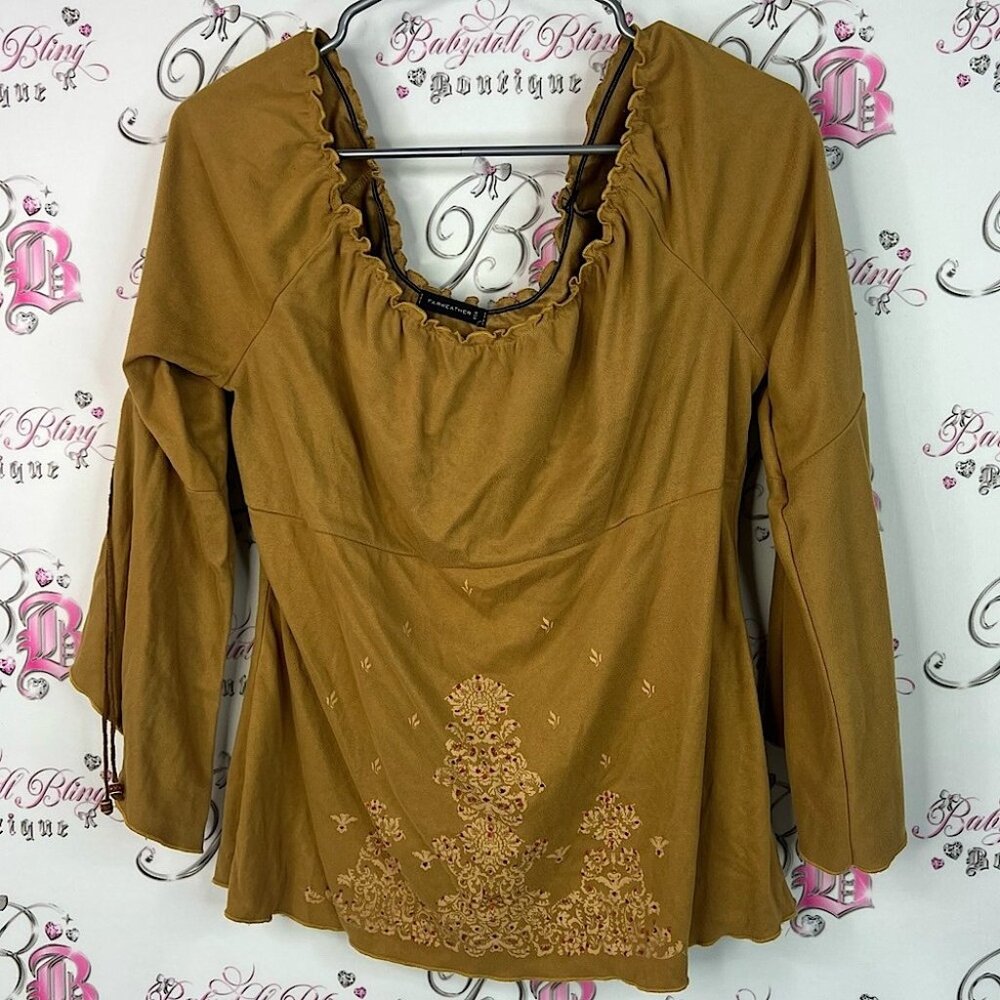 Fairweather long sleeve flare y2k soft milkmaid Tan Embroidered Blouse